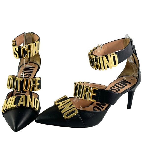$890 MOSCHINO Milano Black Leather Logo Letter Strappy Sandals Italy 36 - 6US - Picture 1 of 12